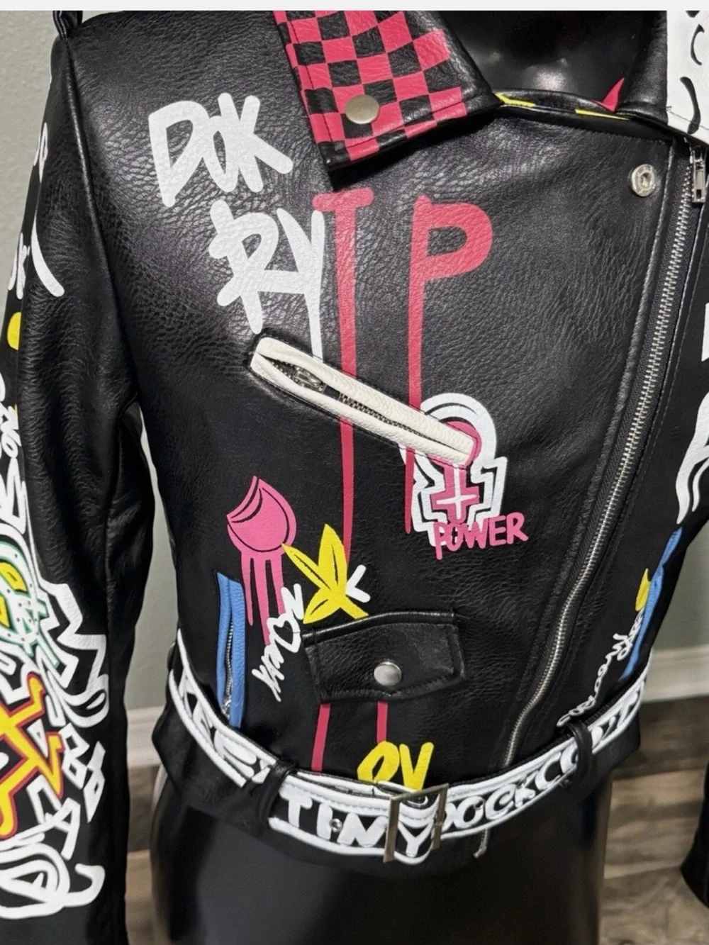 Designer Black Graffiti Leather Biker Jacket - Multicolor Accents - Picture 3 of 4